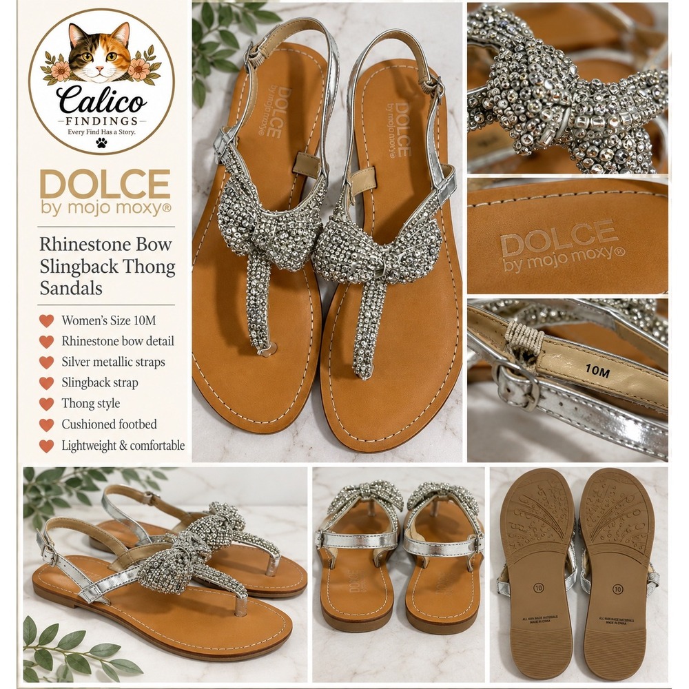 Dolce by Mojo Moxy Silver Rhinestone Bow Slingback Thong Sandals Womens 10M